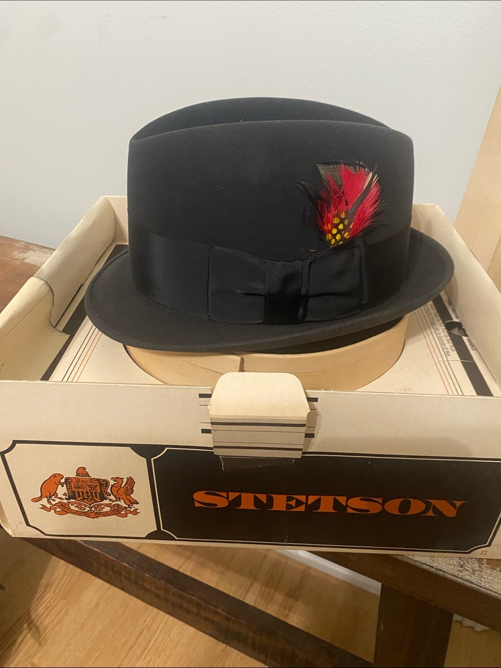 Stetson Black Felt Bowler with Red Feather Accent